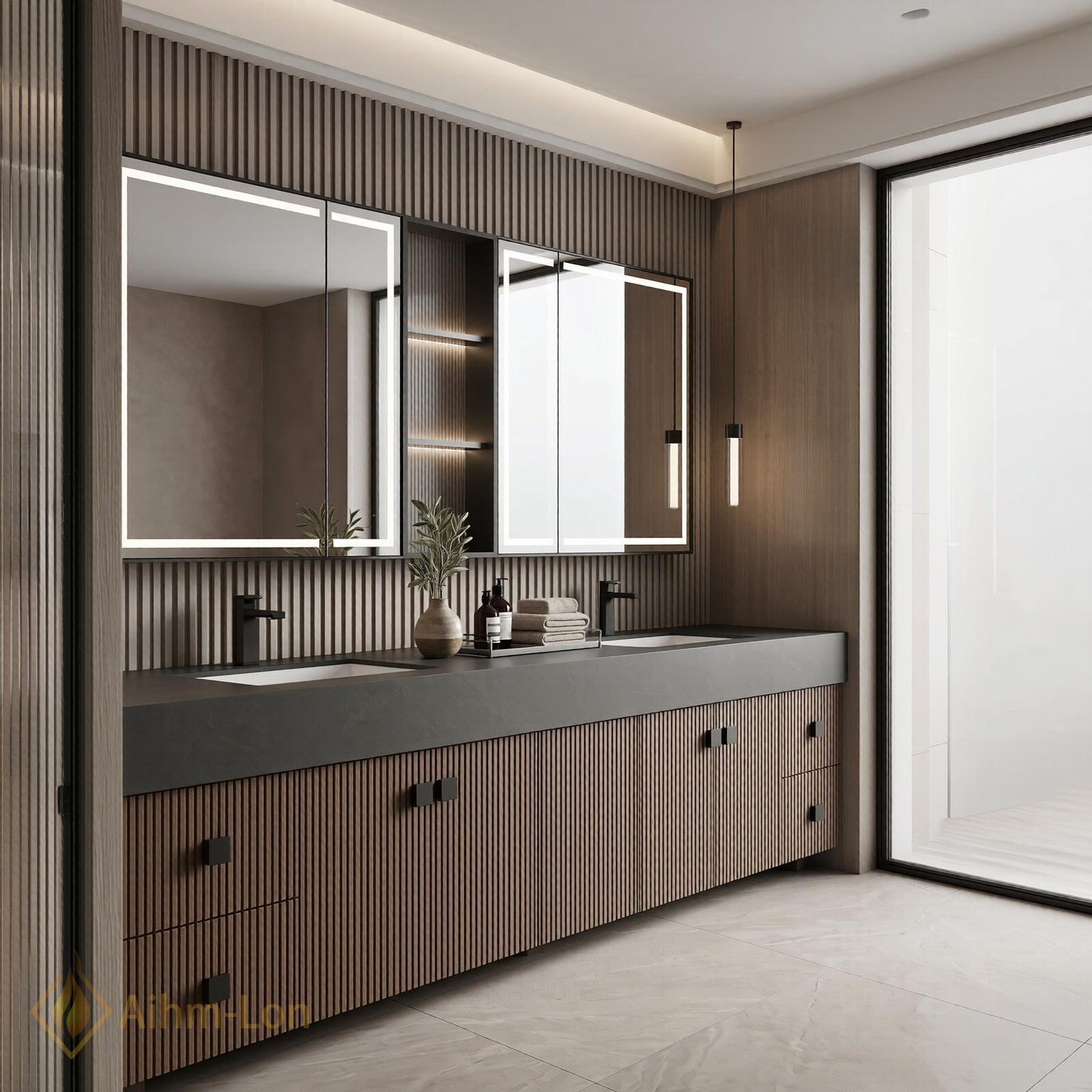 70''-96'' Modern Double Bathroom Vanity with Sink Floating Dark Stone Slatted Wood