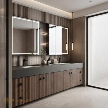 70''-96'' Modern Double Bathroom Vanity with Sink Floating Dark Stone Slatted Wood