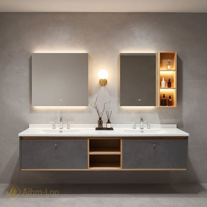 60''-96'' Floating Bathroom Vanity with Sink Grey Cabinet White Countertop Open Shelving