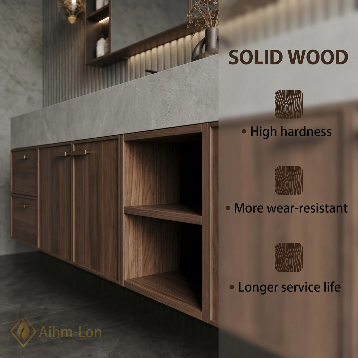 76''-96'' Double Bathroom Vanity with Sink Floating Double Wood Grain Panels Stone
