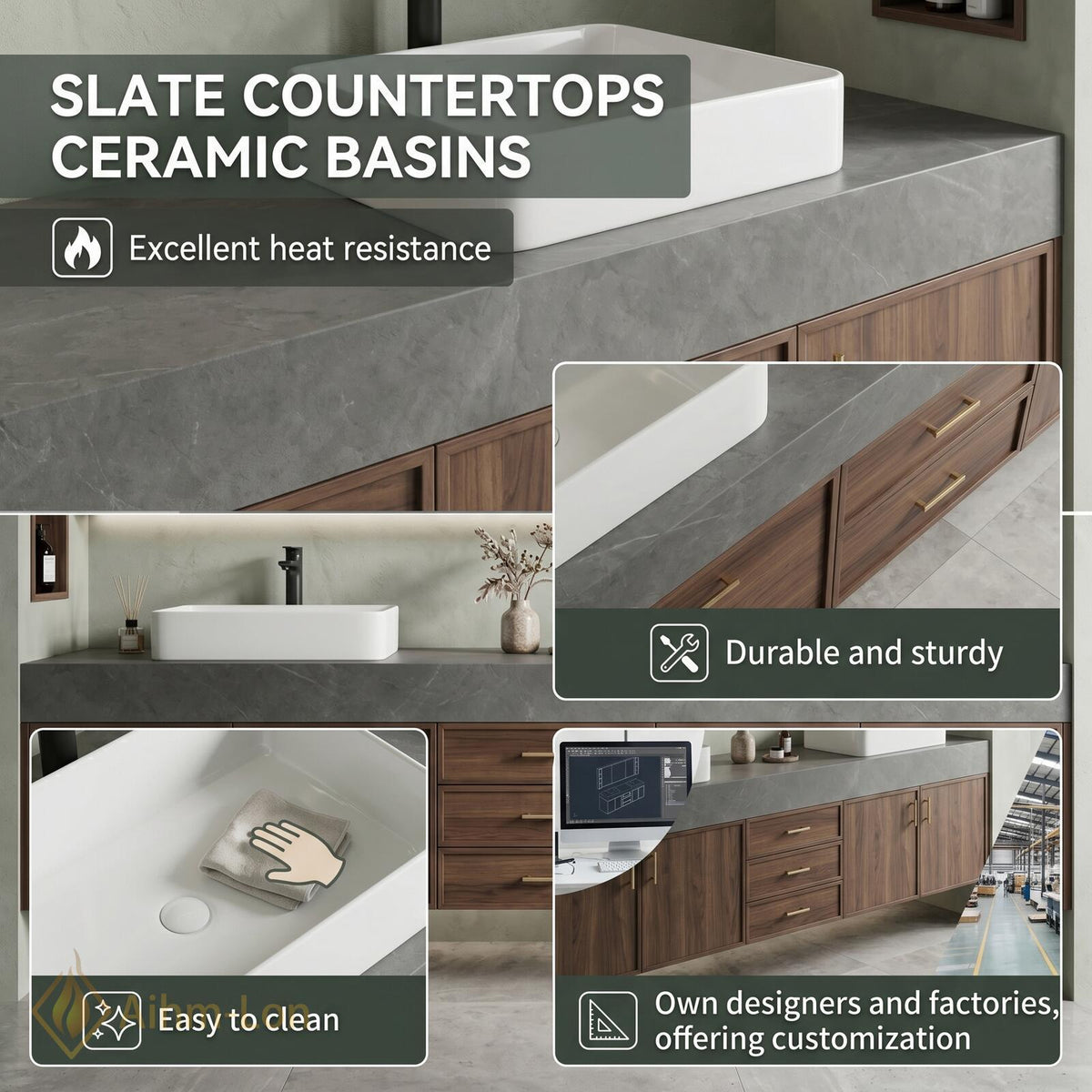 60''-96'' Double Bathroom Vanity with Sink Modern Floating Dark Walnut Slatted Panel