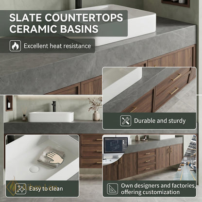 60''-96'' Double Bathroom Vanity with Sink Modern Floating Dark Walnut Slatted Panel