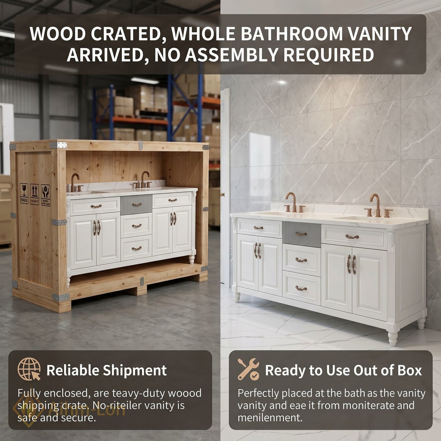 72''-96'' Modern Bathroom Vanity with Sink White Stone Textured Gray Drawer Cabinet