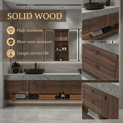 60''-96'' Double Bathroom Vanity with Sink Modern Floating Dark Wood Finish Open Shelving