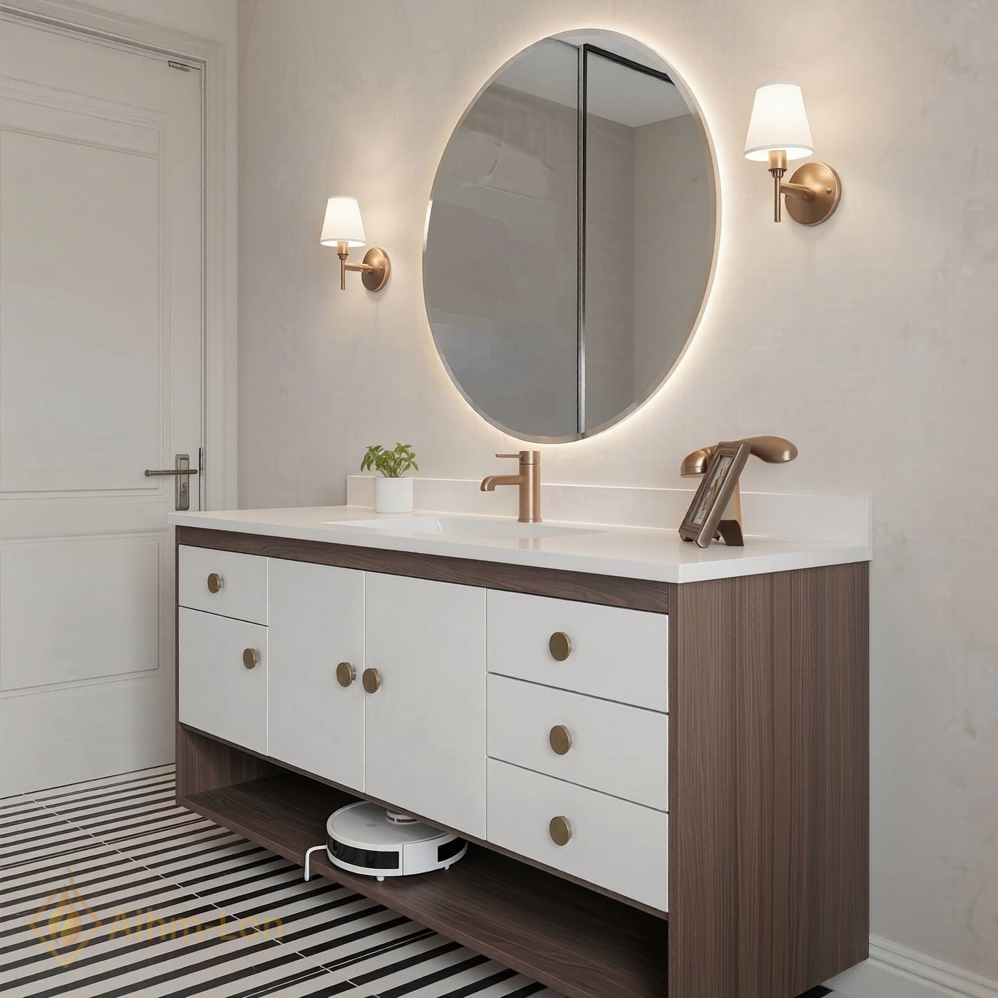 48''-64'' Modern Bathroom Vanity with Sink Floating White Sliding Doors Open Shelf