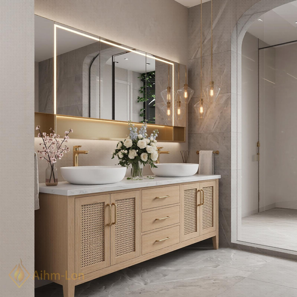 60''-96'' Double Bathroom Vanity with Sink Rattan Fronts Light Oak Frame Storage