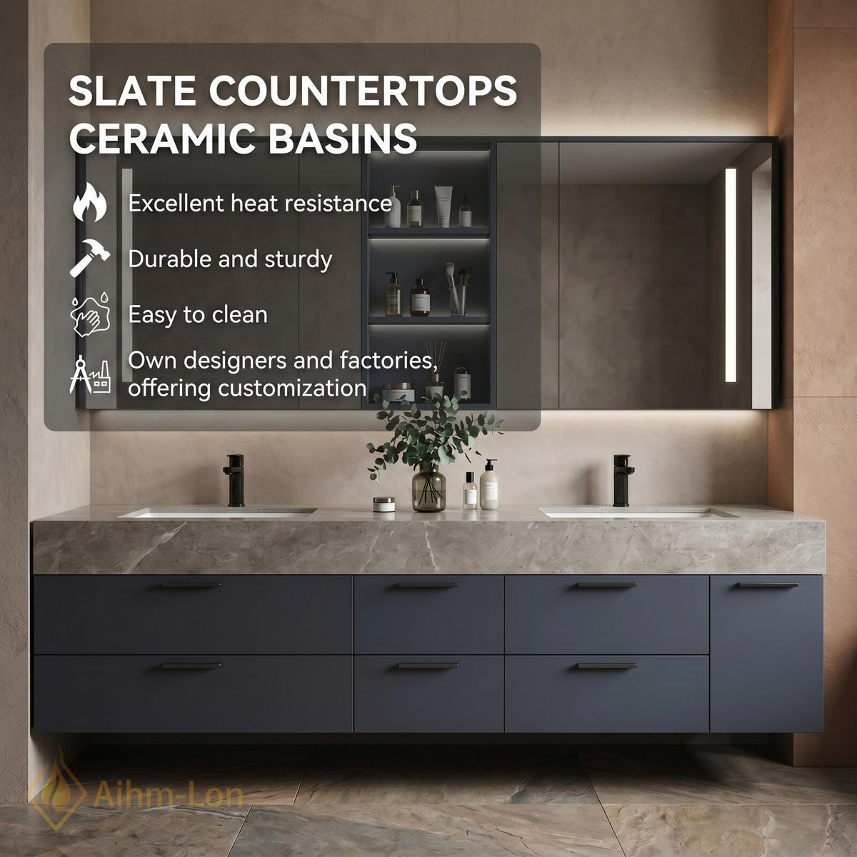60''-96'' Double Bathroom Vanity with Sink Floating Gray Matte Finish Glass Mirrors