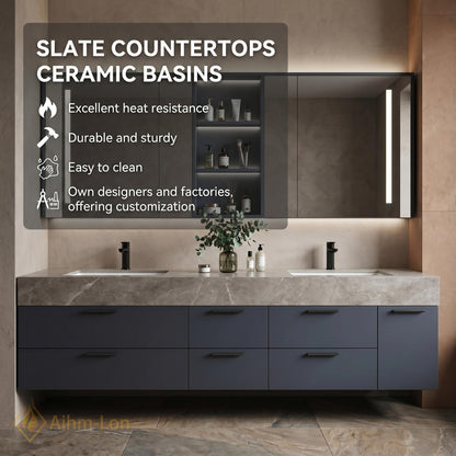 60''-96'' Double Bathroom Vanity with Sink Floating Gray Matte Finish Glass Mirrors