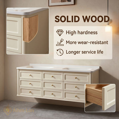 60''-96'' Sleek Bathroom Vanity with Sink Floating Warm Cream Spacious Storage Cabinet