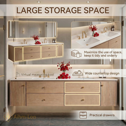 60''-96'' Floating Bathroom Vanity with Sink Solid Wood Grain Four Wide Drawers Cabinet