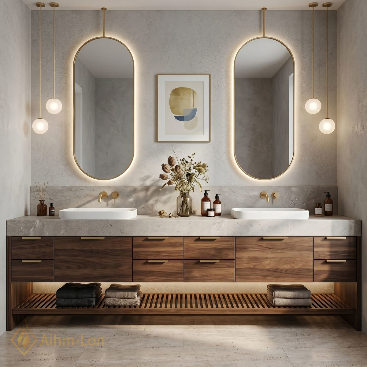 78''-96'' Double Bathroom Vanity with Sink Grey Stone Look Countertop Wood Drawers