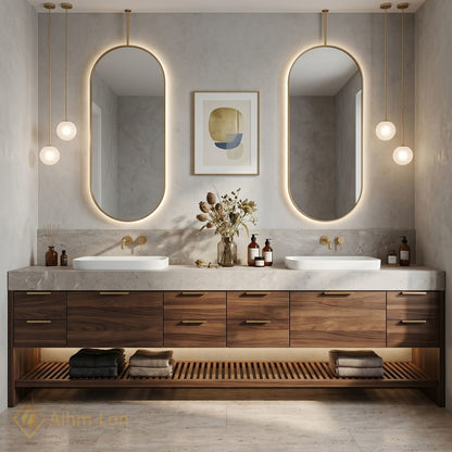 78''-96'' Double Bathroom Vanity with Sink Grey Stone Look Countertop Wood Drawers