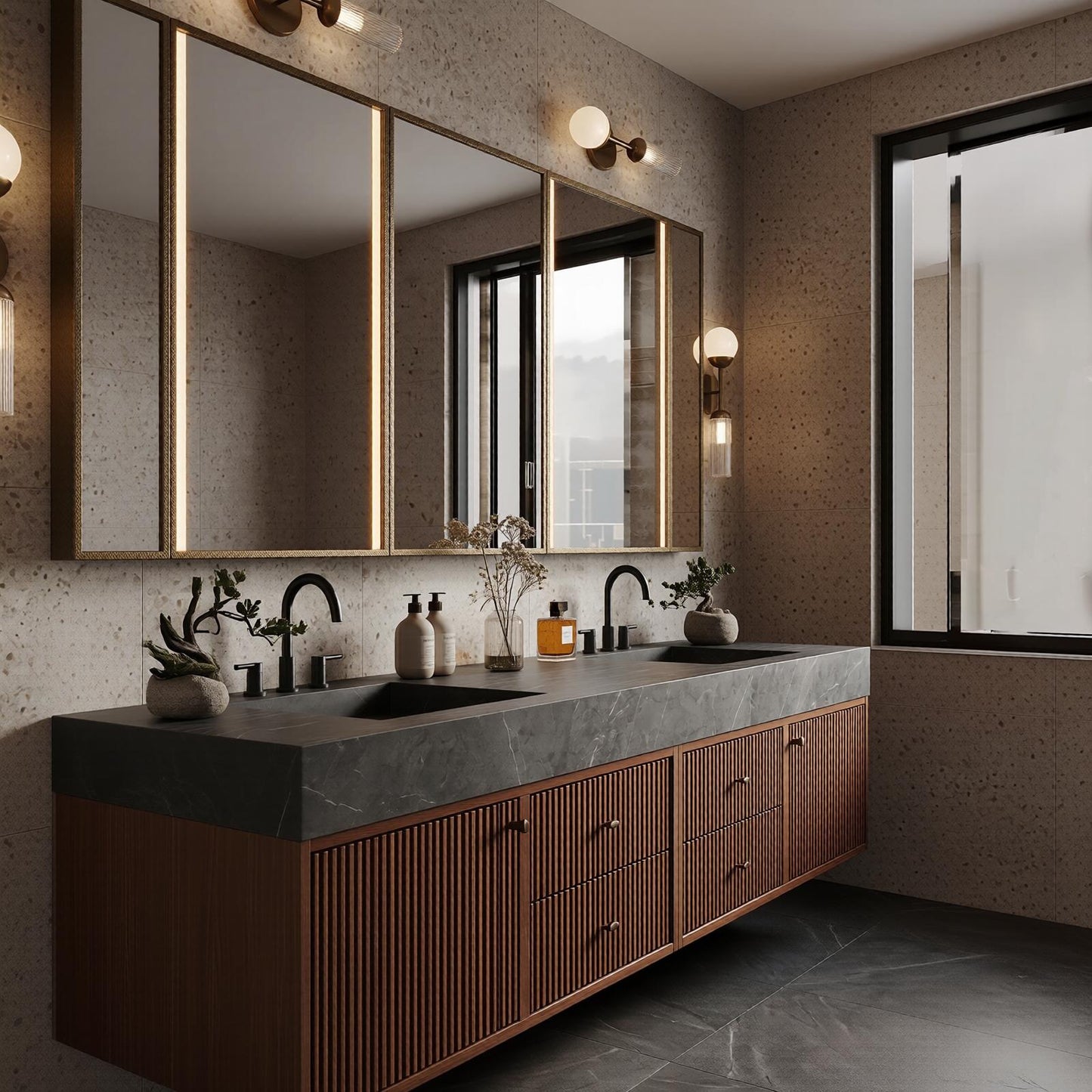 70''-96'' Modern Bathroom Vanity with Sink Double Sink Dark Stone Warm Walnut Cabinet