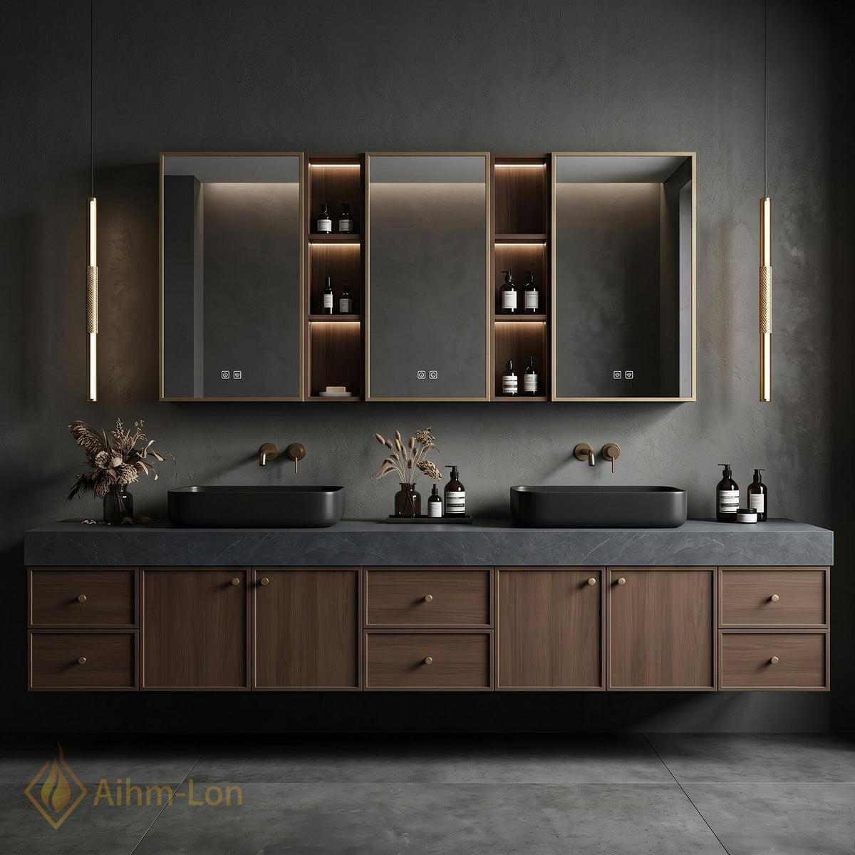 60''-96'' Double Bathroom Vanity with Sink Modern Dark Walnut Finish Mirror Storage