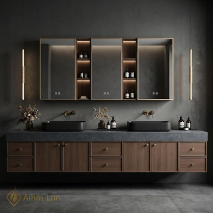 60''-96'' Double Bathroom Vanity with Sink Modern Dark Walnut Finish Mirror Storage