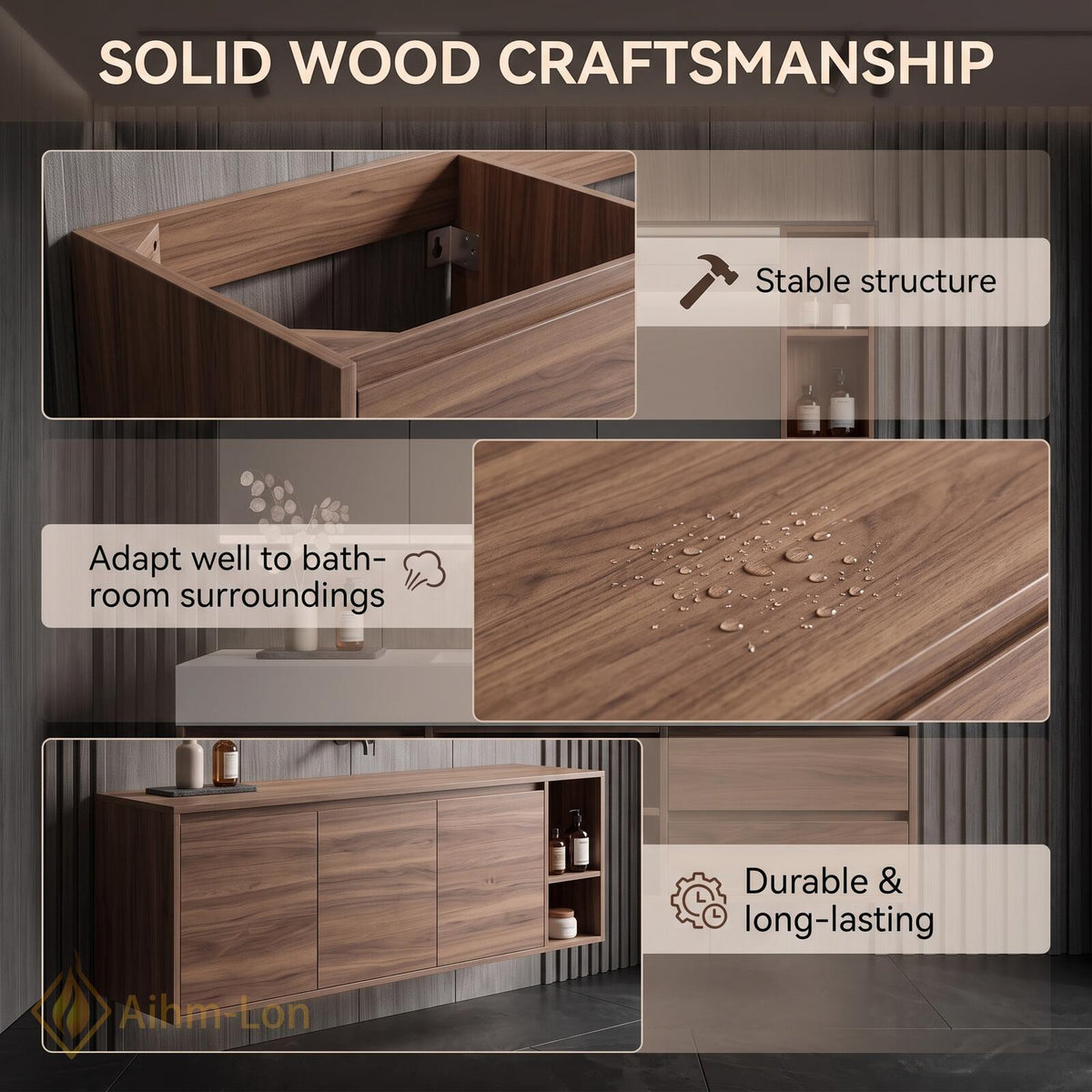 36''-110'' Bathroom Vanity with Sink Floating Streamlined Drawers Dark Wood Finish
