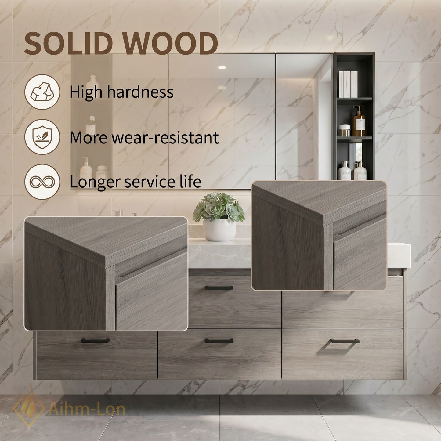 60''-96'' Modern Bathroom Vanity with Sink Thick Marble Floating Drawers Mirror Cabinet