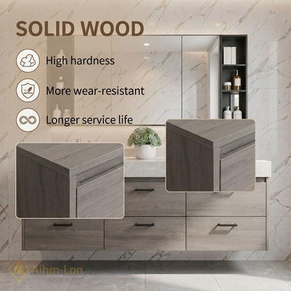 60''-96'' Modern Bathroom Vanity with Sink Thick Marble Floating Drawers Mirror Cabinet