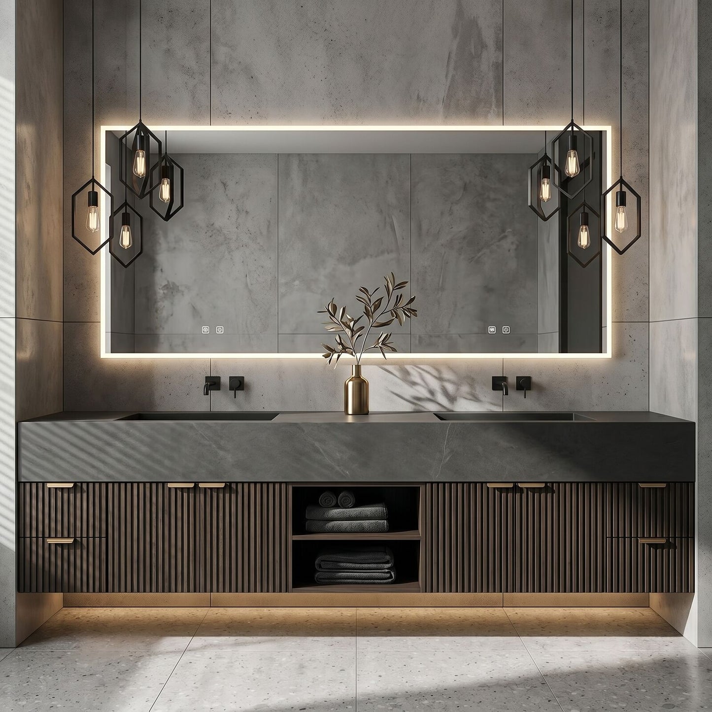 70''-96'' Modern Bathroom Vanity with Sink Slatted Wood Front Dark Grey Top