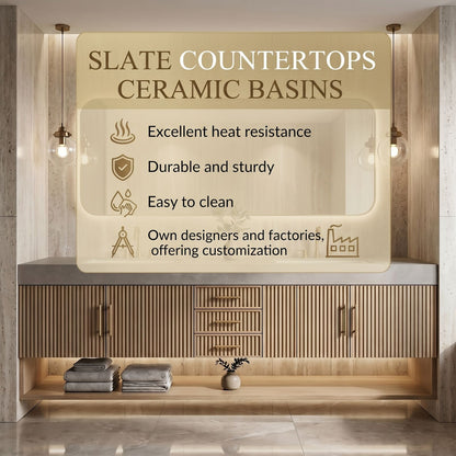 60''-96'' Modern Bathroom Vanity with Sink Double Sink Vertical Fluted Warm Wood-Grain Cabinet