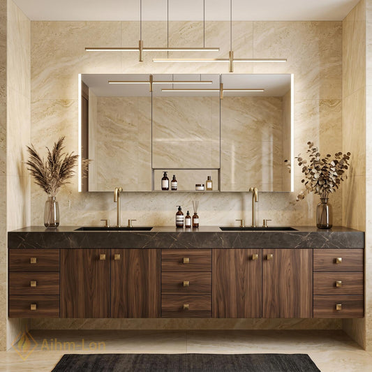 72''-96'' Double Bathroom Vanity with Sink Dark Modern Floating Stone-Top Top
