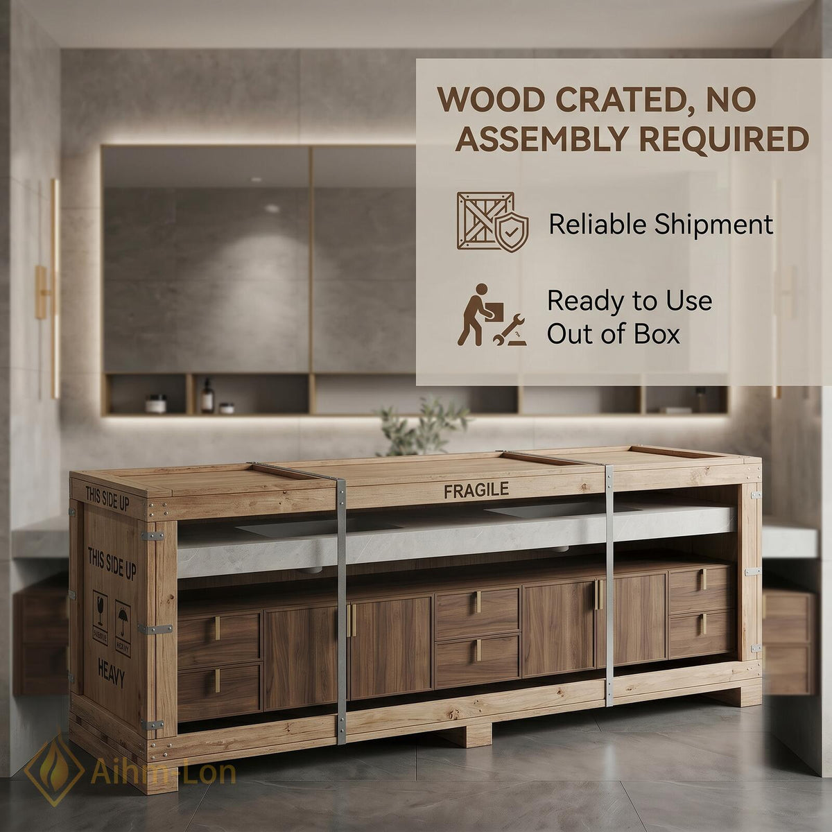 80''-96'' Double Bathroom Vanity with Sink Floating Double Walnut Finish Modern