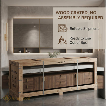 80''-96'' Double Bathroom Vanity with Sink Floating Double Walnut Finish Modern