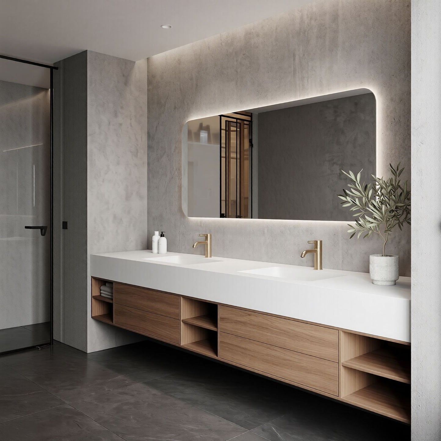60''-96'' Floating Bathroom Vanity with Sink Minimalist Frame Solid Wood Cabinet Shelving