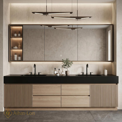 60''-96'' Modern Floating Bathroom Vanity with Sink Black Top Slatted Side Panels