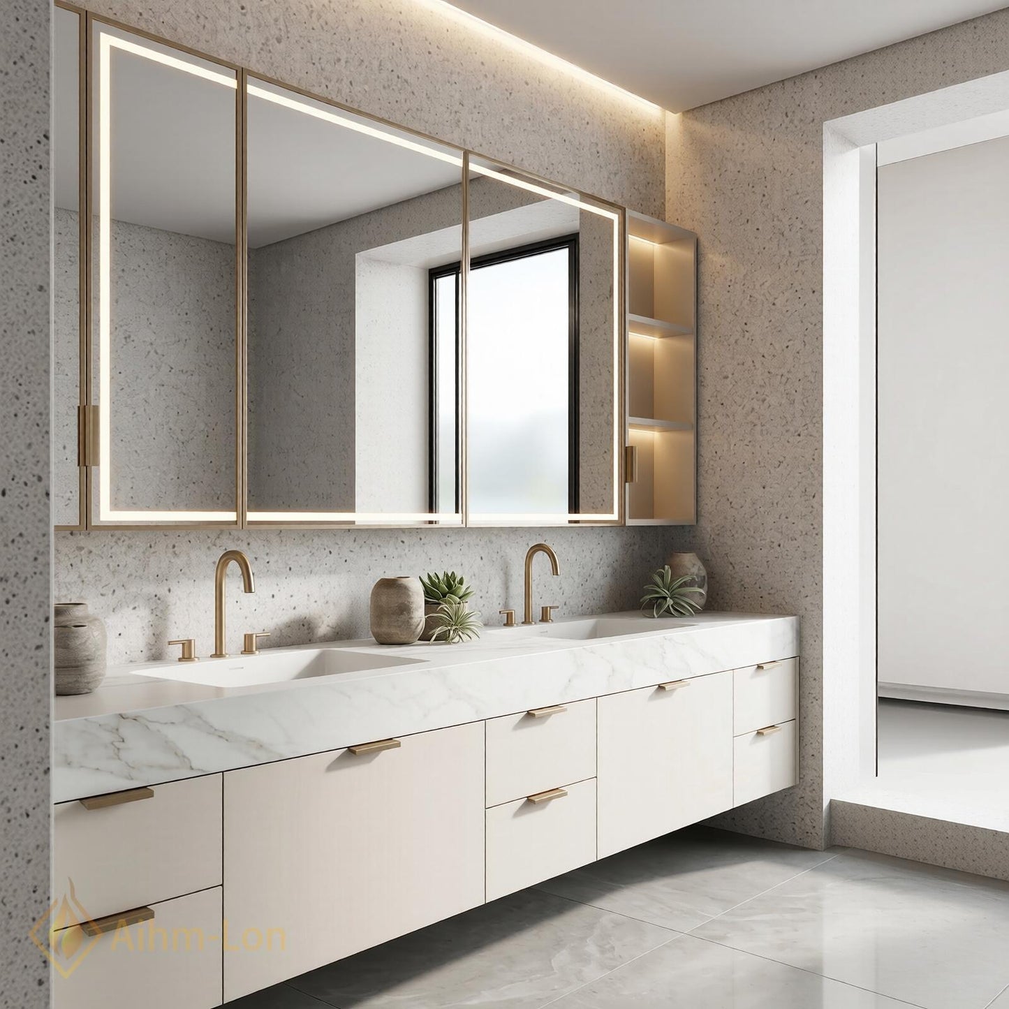 72''-96'' Double Bathroom Vanity with Sink White Gold Floating Marble-Top Hardware