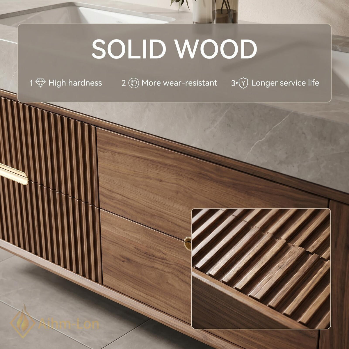 60''-96'' Double Bathroom Vanity with Sink Ribbed Walnut Finish Glass Mirror Shelving