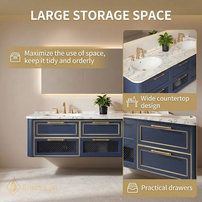 60''-96'' Floating Bathroom Vanity with Sink Deep Blue Marble Patterned Mesh Door Cabinet