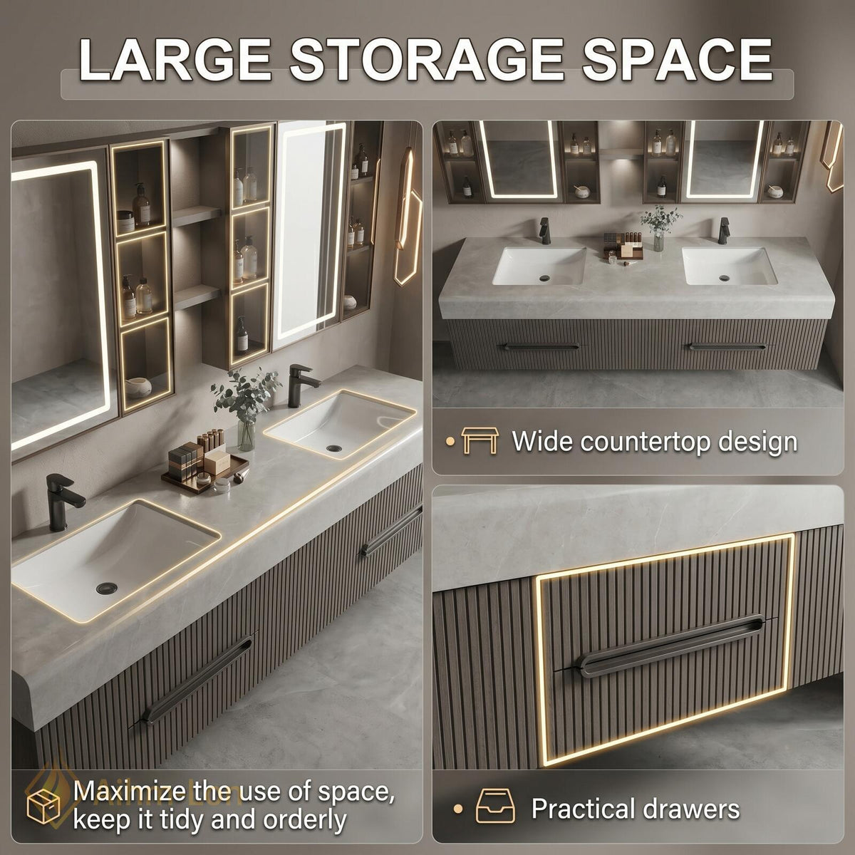 60''-96'' Double Bathroom Vanity with Sink Modern Floating Neutral Gray Finish Slatted