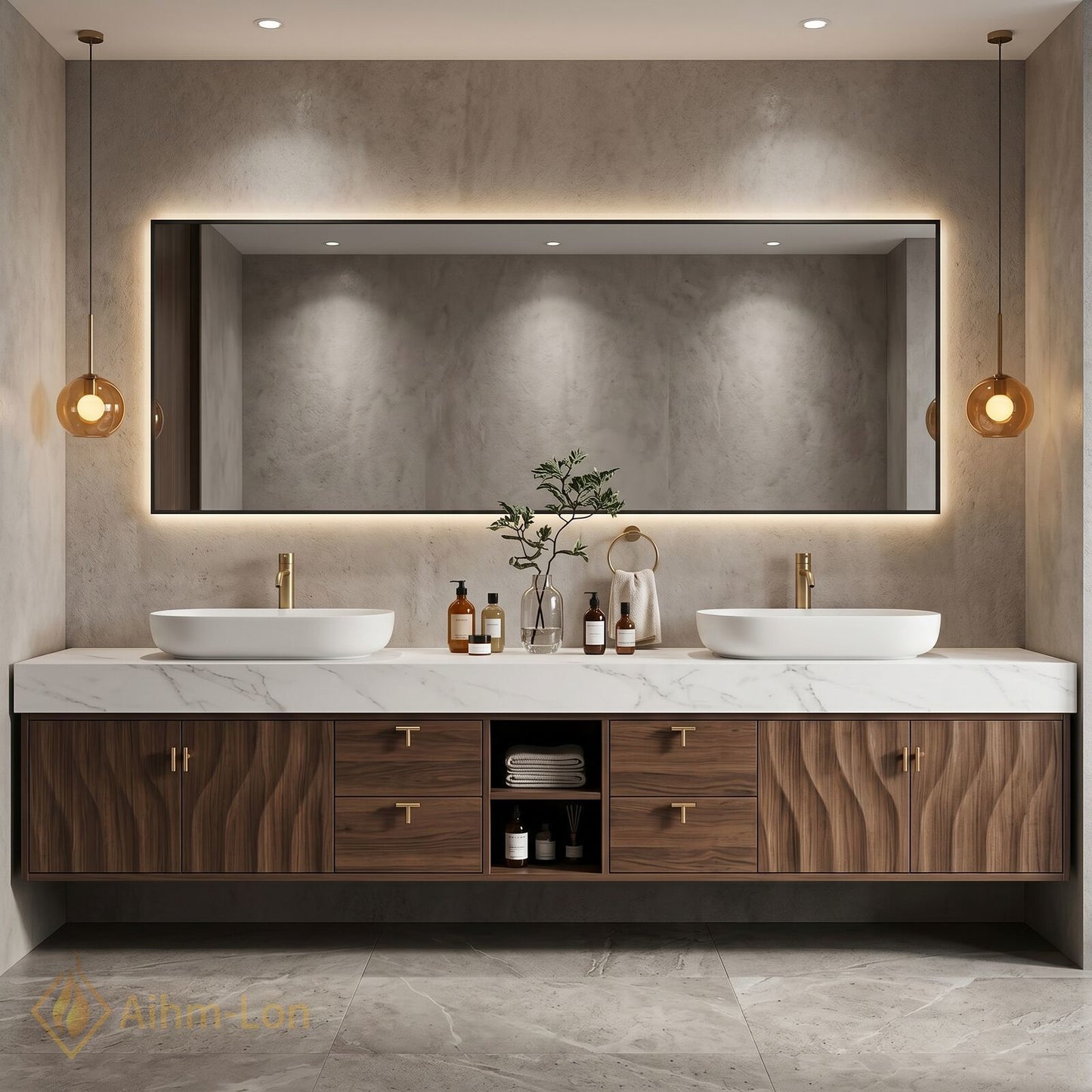76''-96'' Double Bathroom Vanity with Sink Floating Open-Shelving Wavy Wood Thick Marble