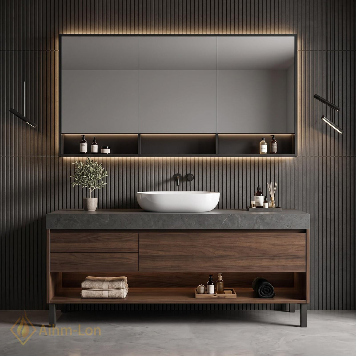 36''-110'' Double Bathroom Vanity with Sink Floating Walnut Drawers Open Shelf