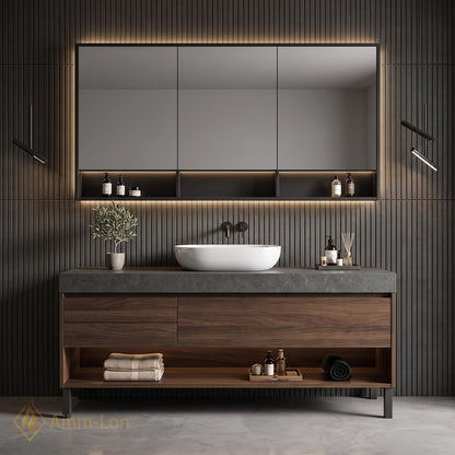 36''-110'' Double Bathroom Vanity with Sink Floating Walnut Drawers Open Shelf