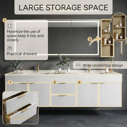60''-96'' Double Bathroom Vanity with Sink Sleek Floating Ribbed Doors Stone-Effect Top