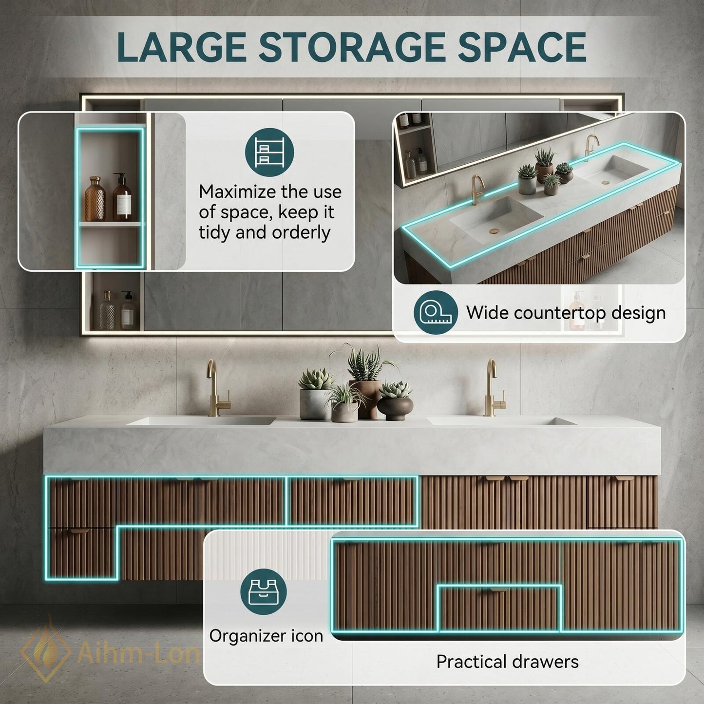 76''-96'' Modern Bathroom Vanity with Sink Floating Slatted Wood White Stone Mirror Cabinet