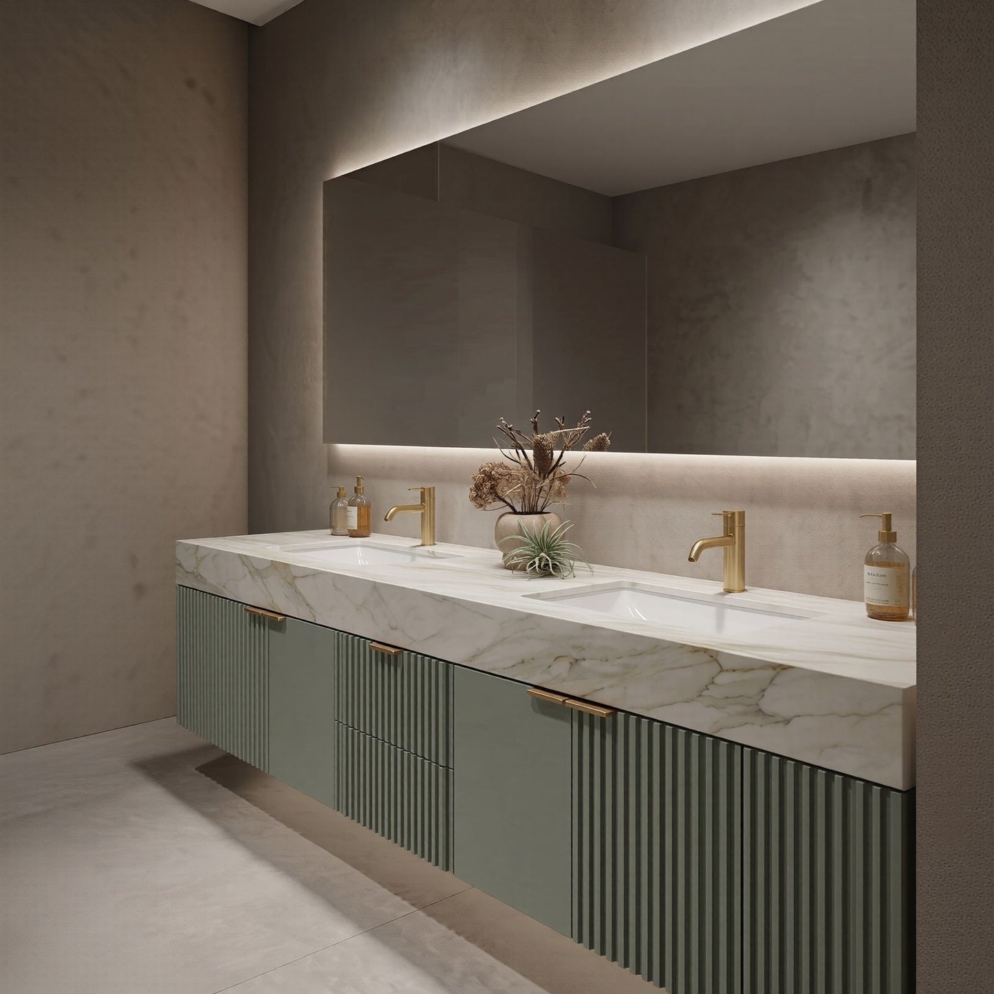 60''-96'' Modern Bathroom Vanity with Sink Double Sink Vertical Fluted Marble Pattern Cabinet