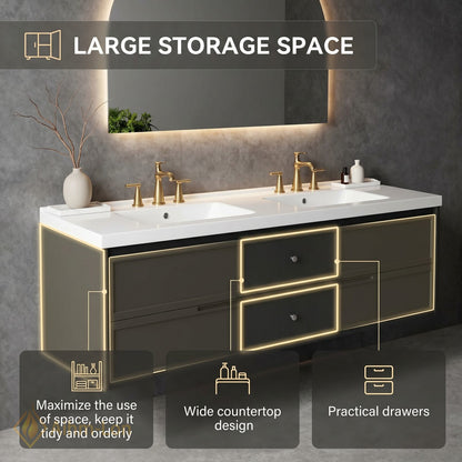 60''-96'' Floating Bathroom Vanity with Sink Double Sink Dark Matte Finish Drawers Cabinet