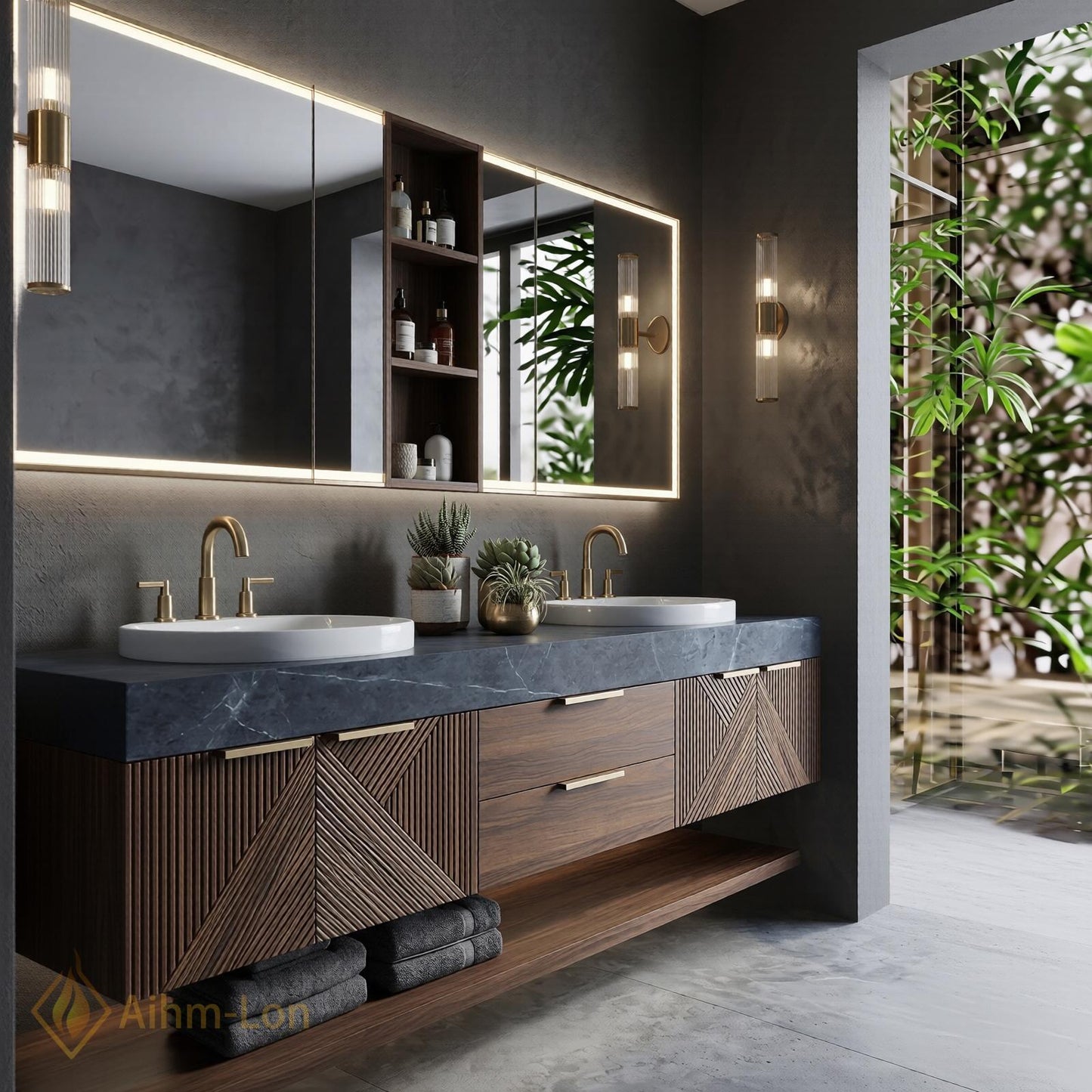 70''-96'' Double Bathroom Vanity with Sink Geometric Slatted Doors Rich Walnut Grain