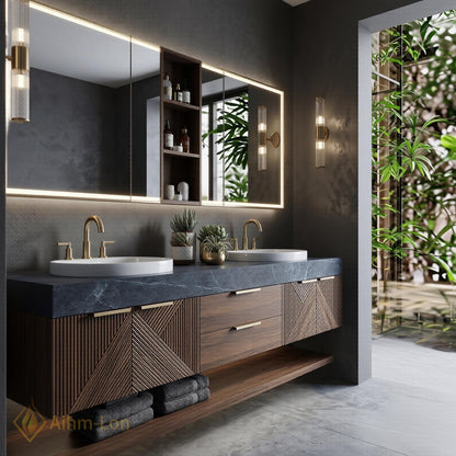 70''-96'' Double Bathroom Vanity with Sink Geometric Slatted Doors Rich Walnut Grain