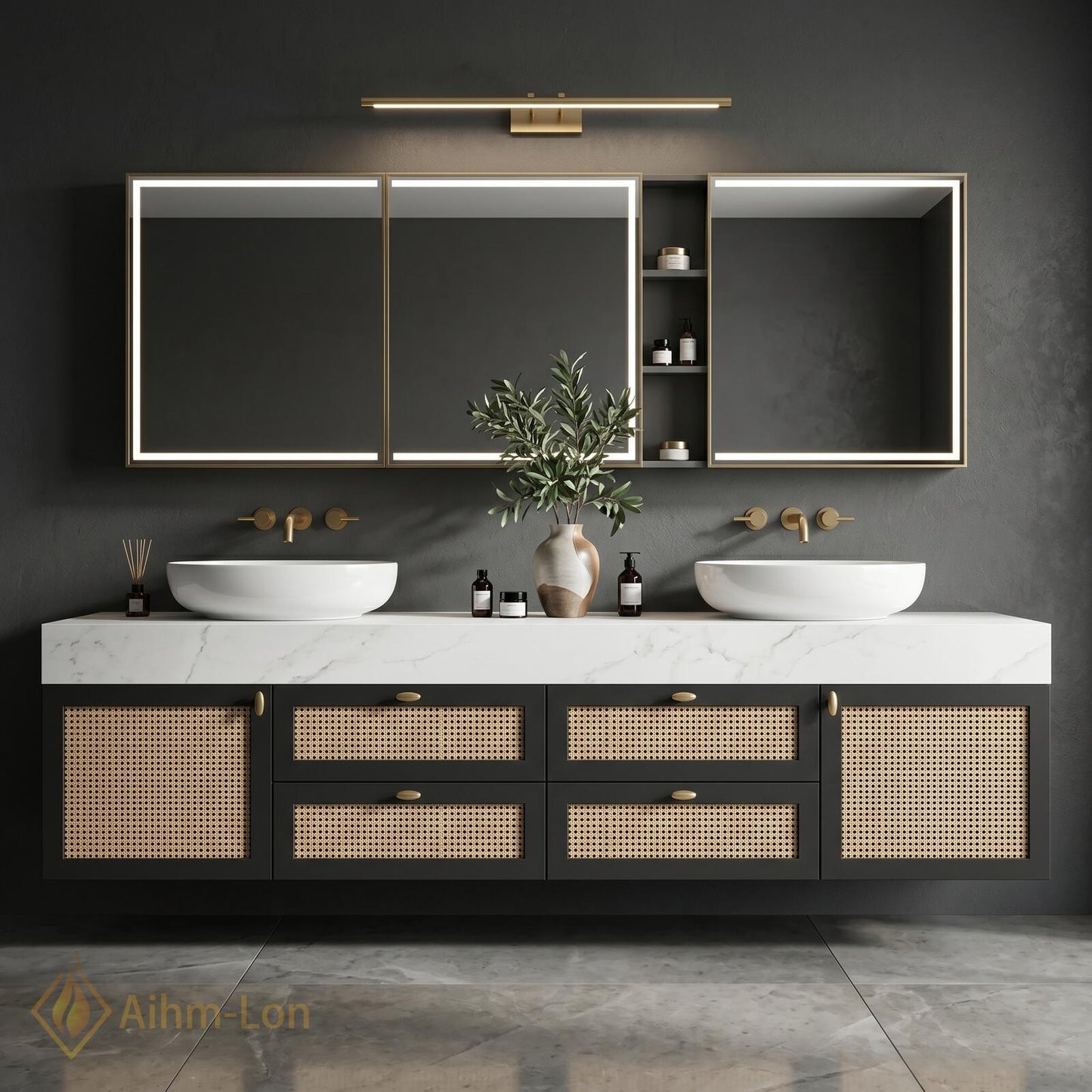 70''-96'' Double Bathroom Vanity with Sink White Marble Top Floating Rattan Doors