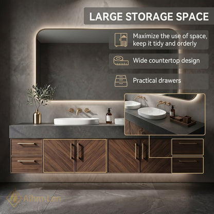 60''-96'' Double Bathroom Vanity with Sink Dark Grey Countertop Chevron Wood Doors