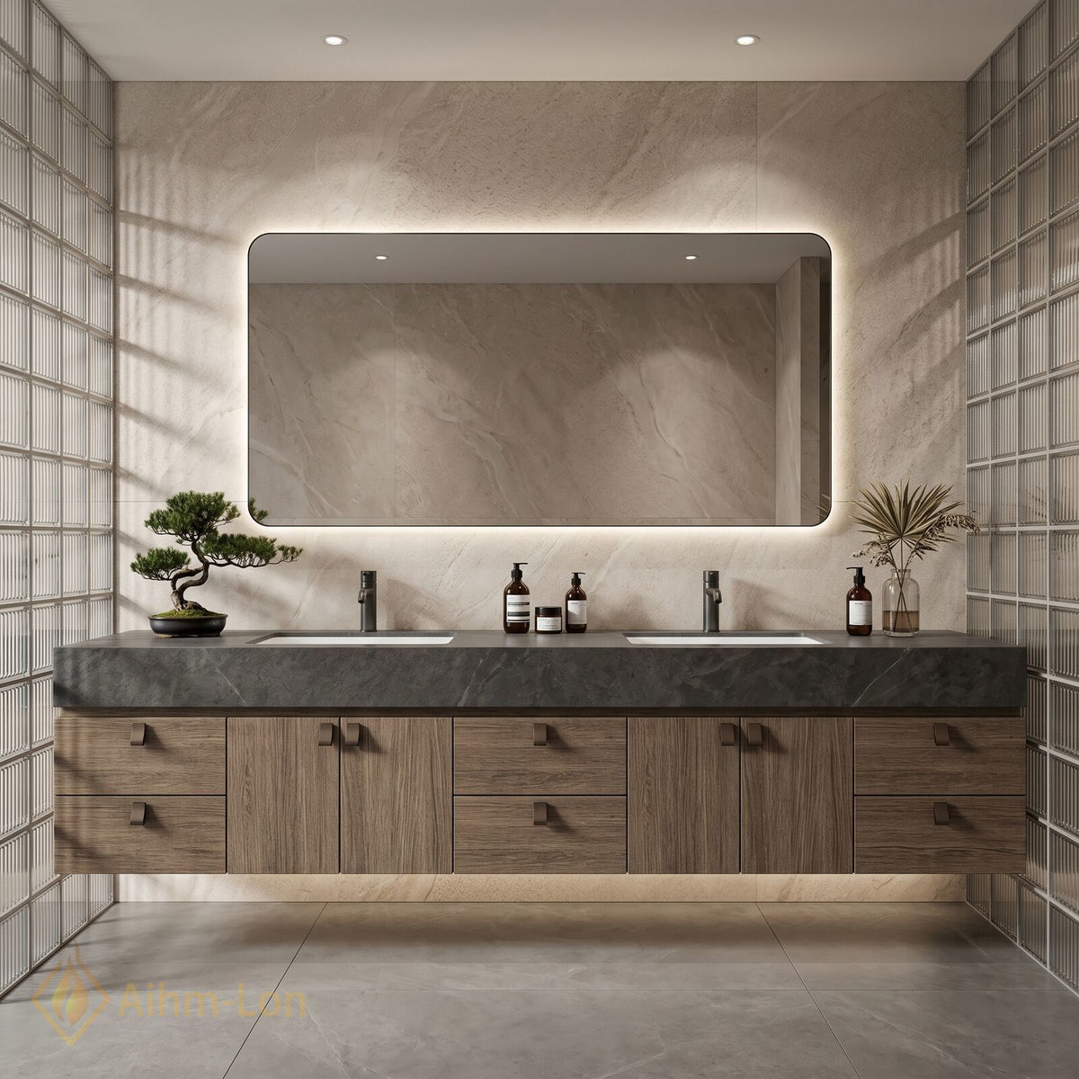 72''-96'' Double Bathroom Vanity with Sink Natural Wood Grain Wide Countertop Storage