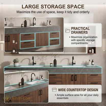 60''-96'' Double Bathroom Vanity with Sink Dark Walnut Finish Gray Stone Top