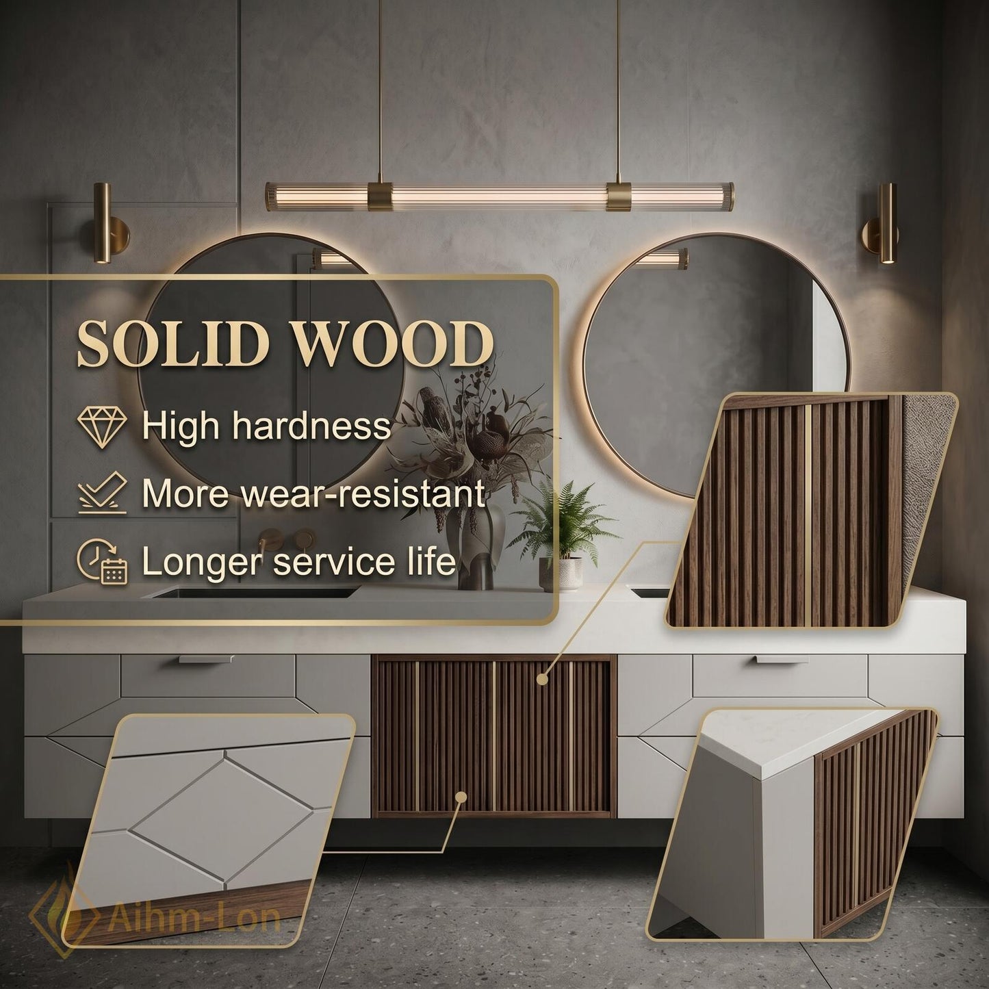 60''-96'' Double Bathroom Vanity with Sink Wood Modern Floating Drawers Slatted-Panel