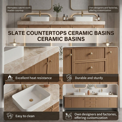 72''-96'' Modern Bathroom Vanity with Sink Fluted Wood Paneling Cream Stone Top