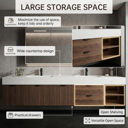 60''-96'' Modern Bathroom Vanity with Sink Double Sink Slatted Wood Front Solid Drawers Cabinet
