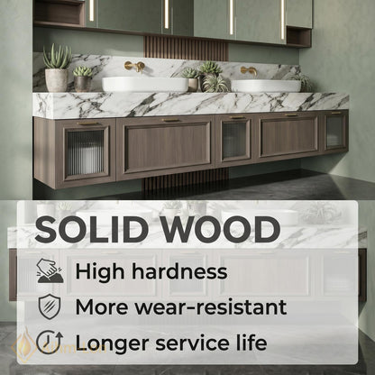 60''-96'' Double Bathroom Vanity with Sink Floating Charcoal Wood-Grain Finish Glass-Paneled Doors